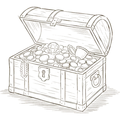 An intricate line drawing of an open treasure chest